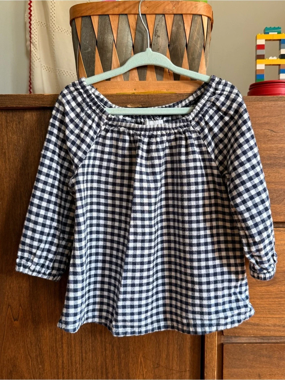 Old Navy Navy and White Gingham Long Sleeve Peasant Top